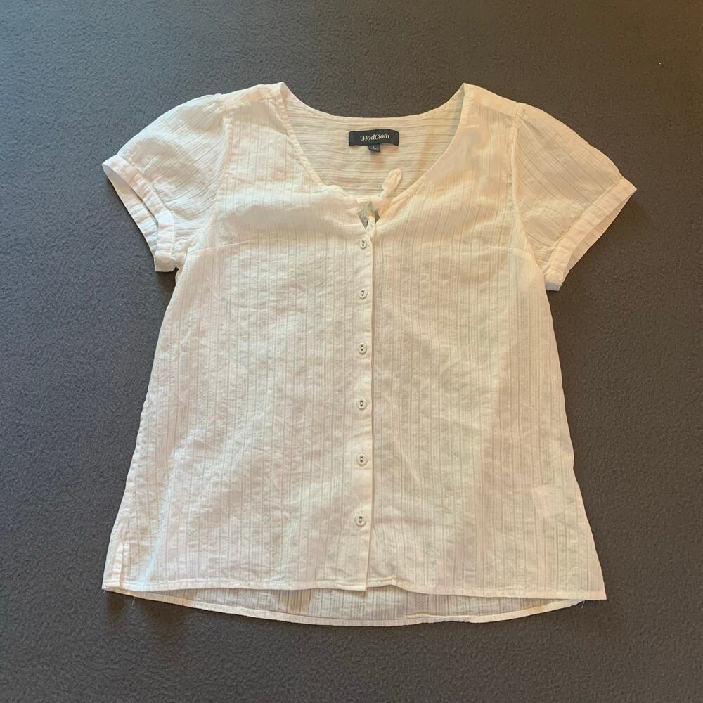 Modcloth White Guaze Button Front Top Short Sleeve Blouse Large Semi Sheer